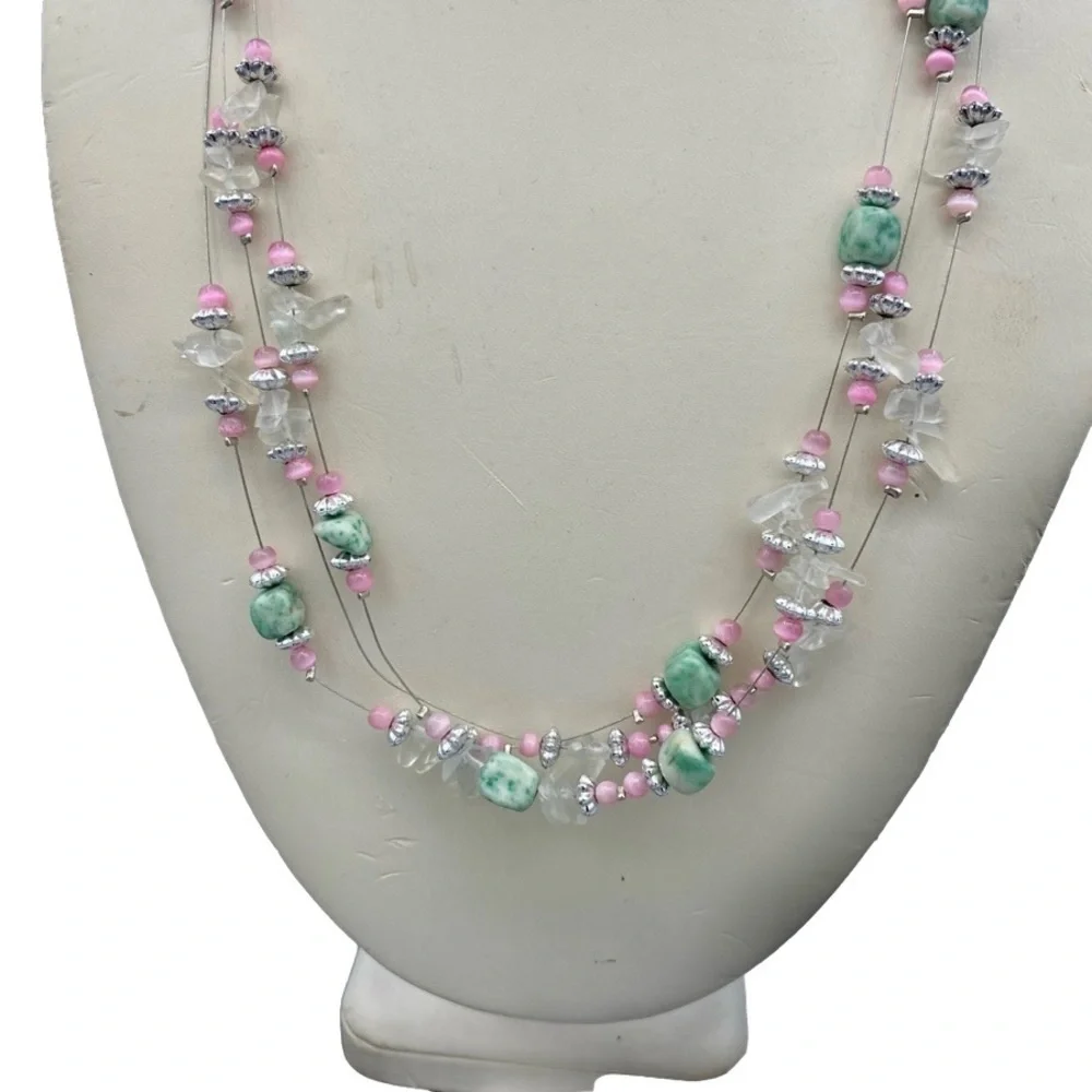 Floating crystals and gemstones on liquid silver adjustable chain